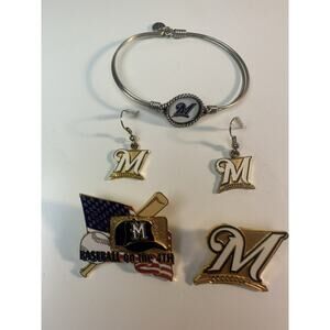 Milwaukee Brewers Jewelry Lot Pin Hat, Earrings, Bracelet MLB Baseball 2009